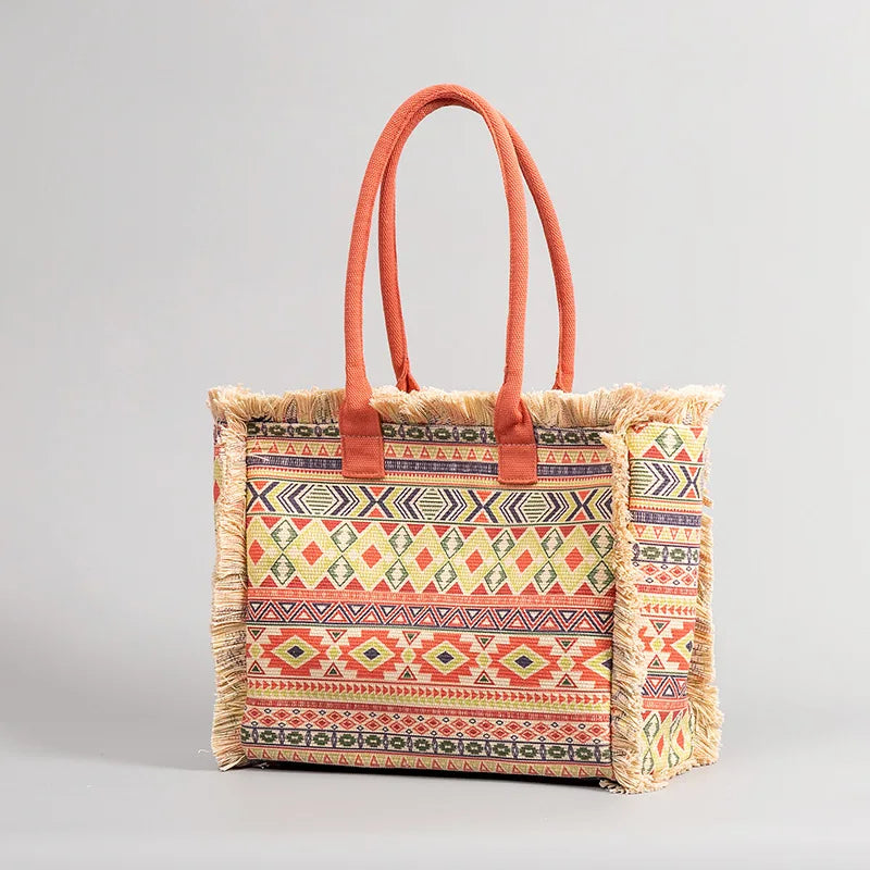 Tote bag Bohemian retro shoulder bag Zipper handbag Large capacity canvas bag Women's summer