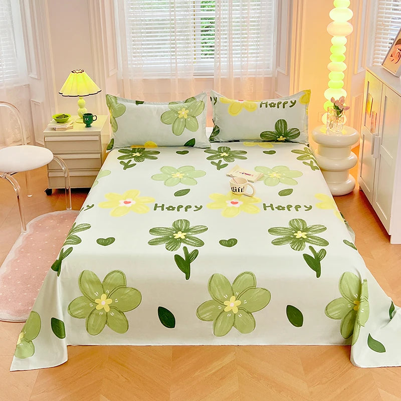 1PC or 3PCS Bed Flat Sheet Pillowcases Bed Cartoon Printed Top Sheets Single/Queen/King Flat Bedsheets Home Bed Linen Sheets