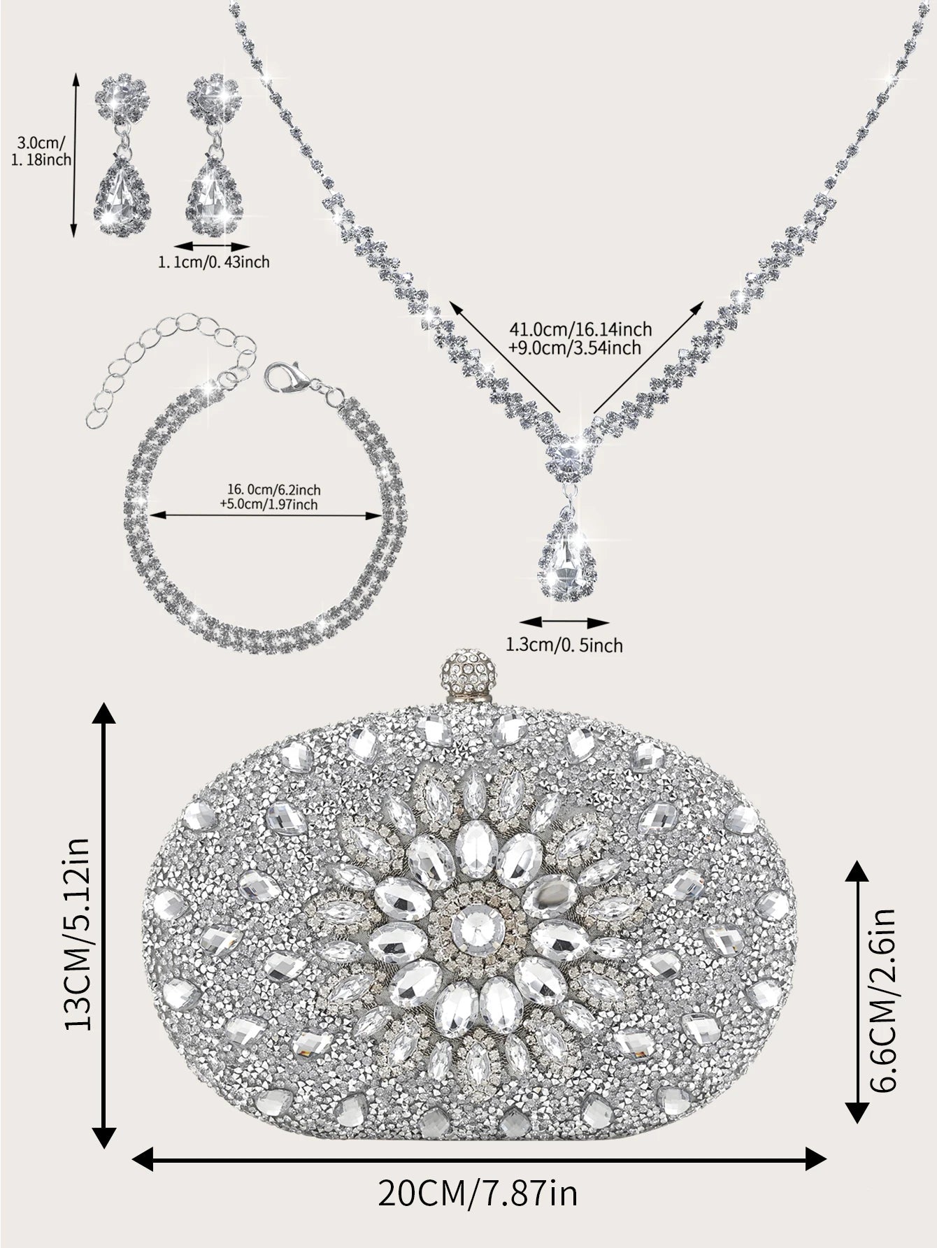 Gorgeous and Elegant, Sparkling Hot-Selling Rhinestone Box Party Clutch, Luxurious and Romantic White Bridal Wedding Bag, Fashionable and Trendy Women's Business Bag and Evening Bag, Paired with a Set of Four Exquisite and Ch
