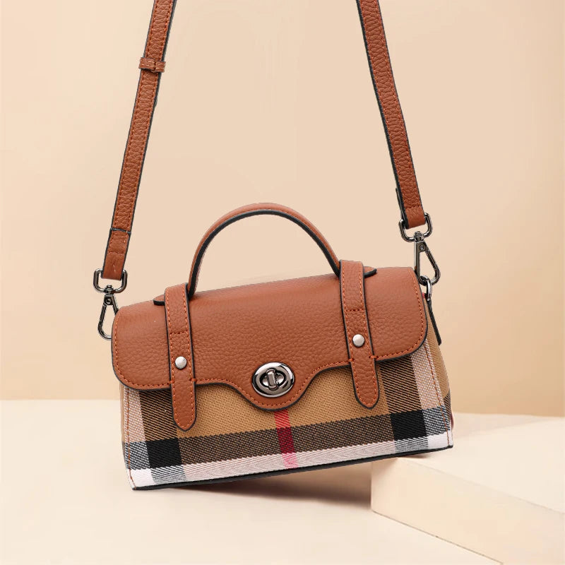 Women's New Style Summer Trendy Casual Versatile Canvas Plaid Small Square Genuine Leather Crossbody Bag