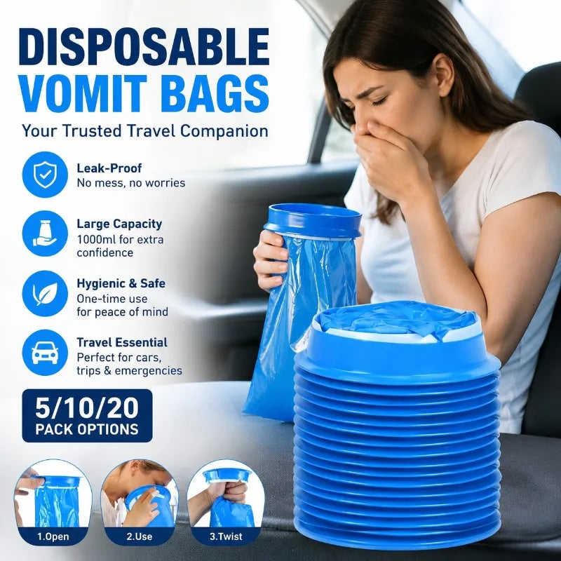 Disposable Vomit Bags 1000ml, 5/10/20 Pack Travel Motion Sickness Nausea Cleaning Bag, HDPE PE Eco-Friendly Plastic Car