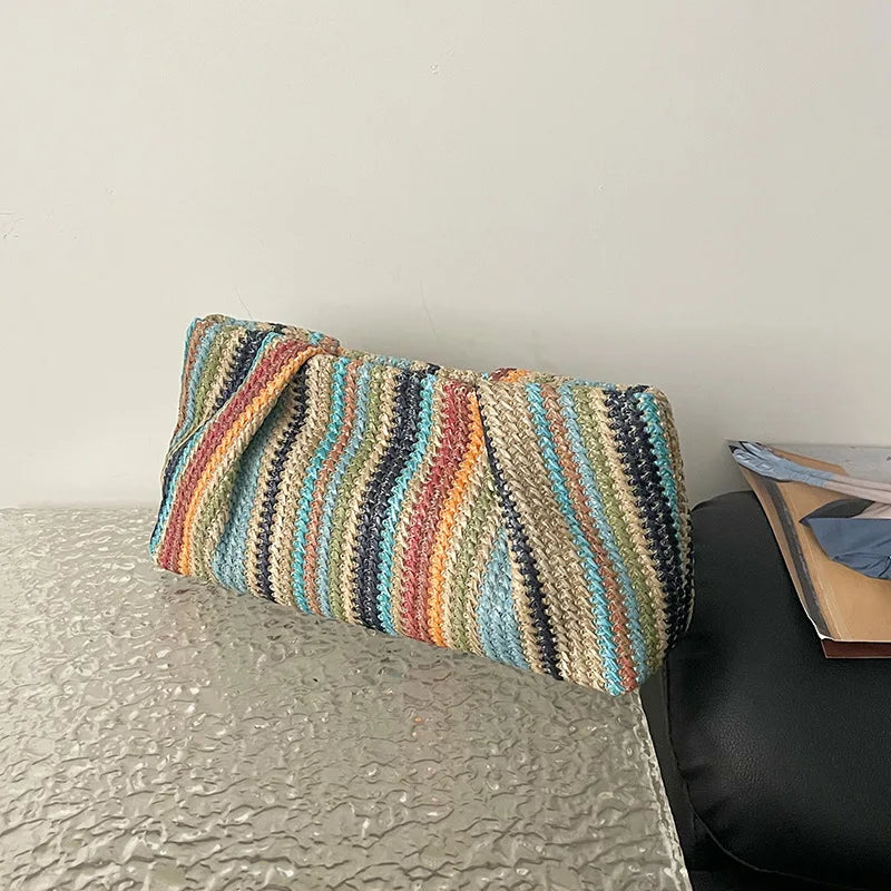 Colorful Striped Woven Clutch Bag for Ladies Summer Beach Vacation Casual Rectangle Handbags Versatile All-Match Phone Bags
