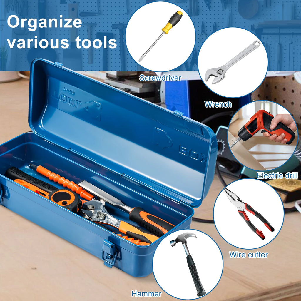 16.9inch Tool Box Portable Steel Tool Box Hip Roof Style with Metal Latch Closure Tool Chest for Household Workshop 43x17x13cm