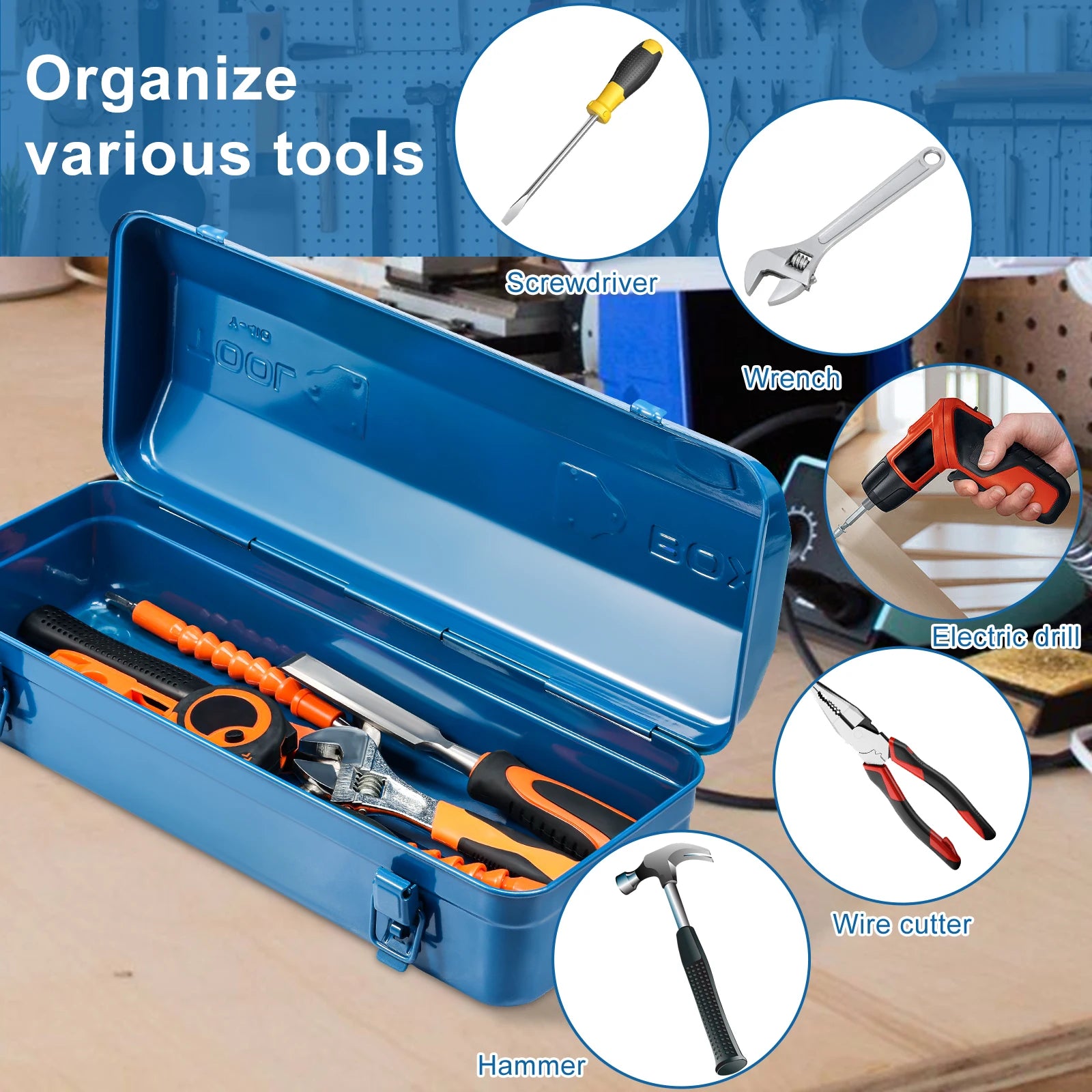 16.9inch Tool Box Portable Steel Tool Box Hip Roof Style with Metal Latch Closure Tool Chest for Household Workshop 43x17x13cm