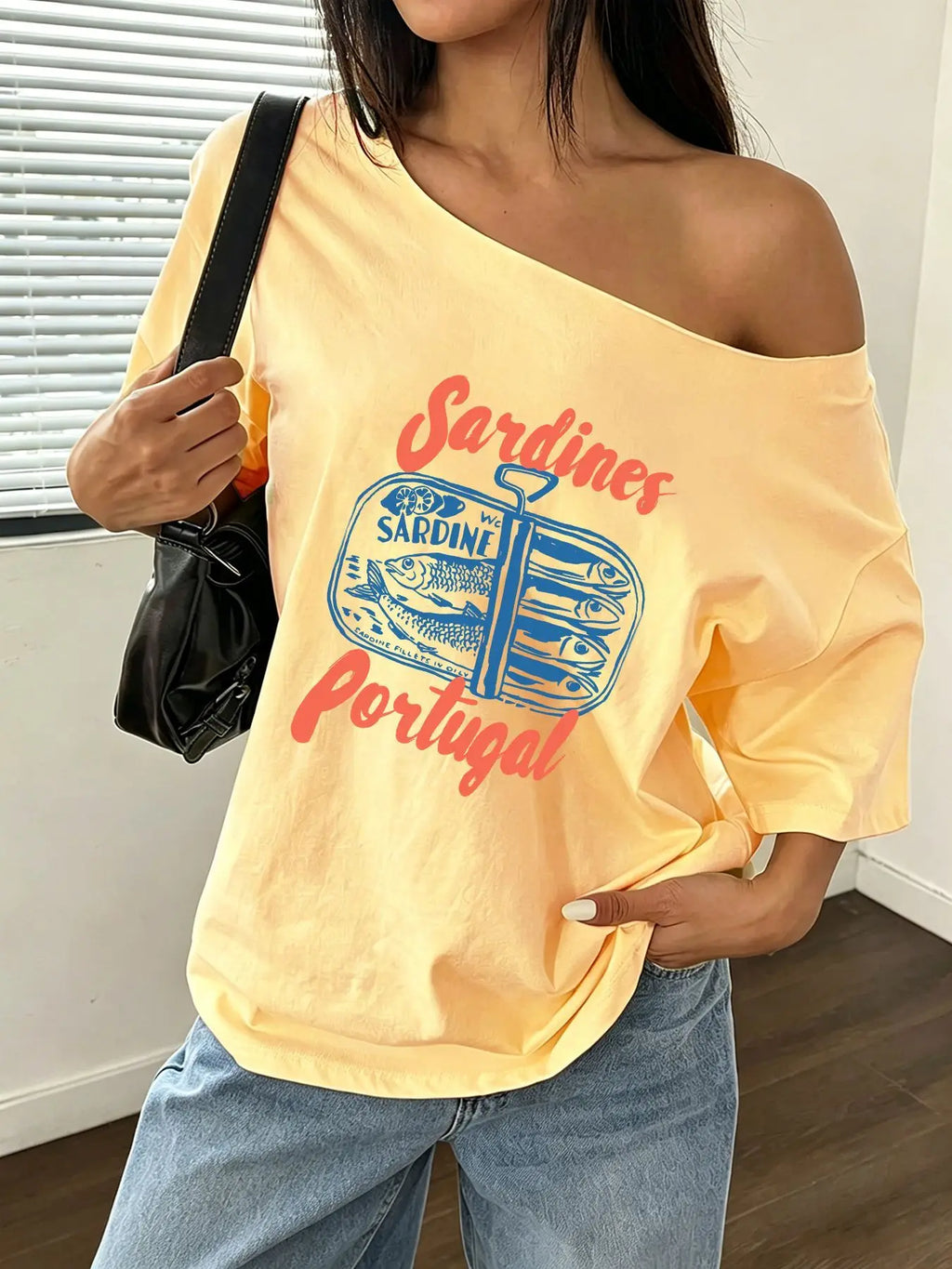 100% Cotton Plus Size Sardine Fish Print Shoulder Loose Print T-Shirt Oversized Y2K Style Graphic Tees Women Tops Summer Off