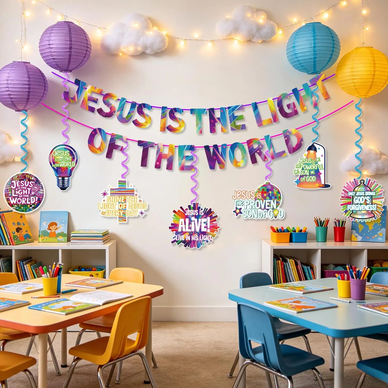 VBS 2026 Decorations Banner The Light of The World Christian Hanging Swirls Religious Sunday Vacation Bible School Church Party