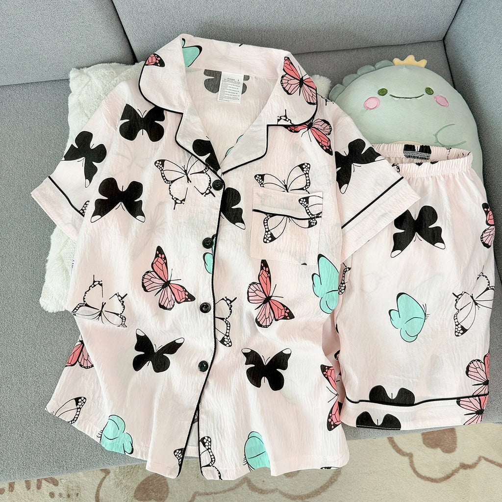 Women's Summer Pajamas, Thin Butterfly Pattern Short-Sleeved Shorts, Sweet and Cute, Can Be Worn Outside in Summer, Two-Piece Home Wear Set