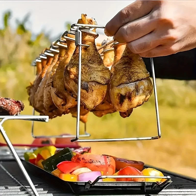 1pc Stainless Steel Chicken Leg & Wing Rack - Foldable Vertical Roaster Stand for BBQ, Smoker, Oven ,Picnics, Camping,Cooking