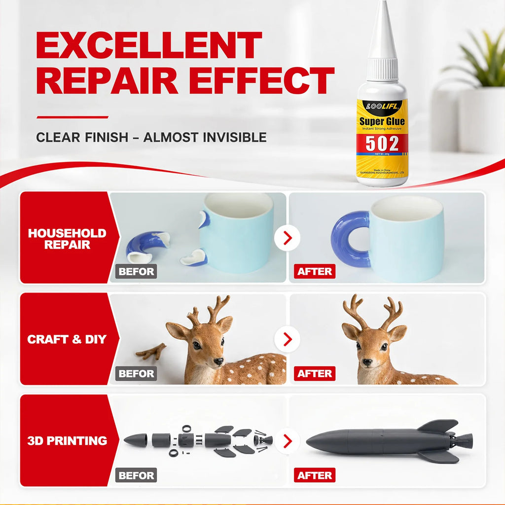LOOLIFL 502 Super Glue Quick-drying Instant  Cyanoacrylate Adhesive Leather Rubber Glass Wood Metal Strong Bond Liquid Glue Tool