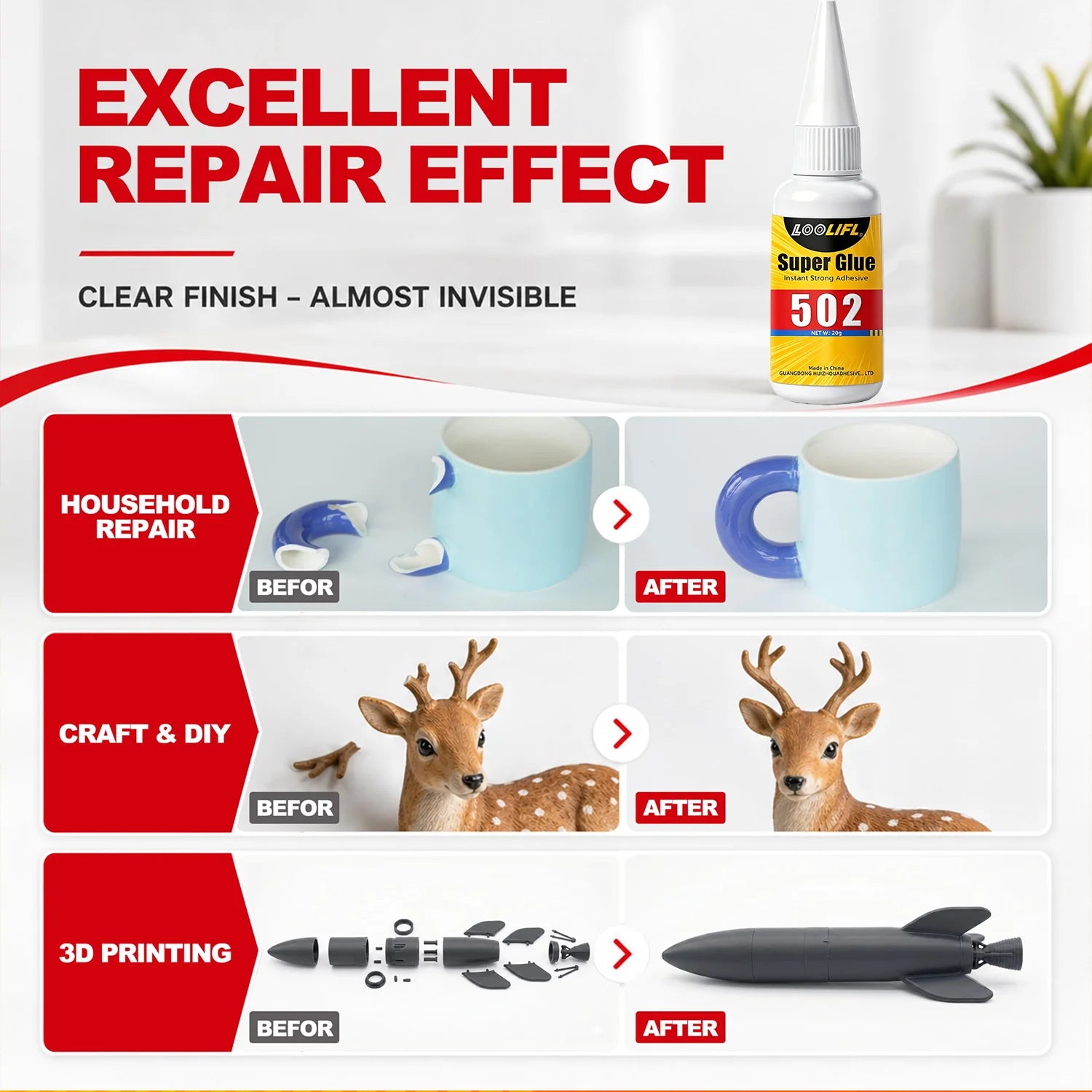 LOOLIFL 502 Super Glue Quick-drying Instant  Cyanoacrylate Adhesive Leather Rubber Glass Wood Metal Strong Bond Liquid Glue Tool