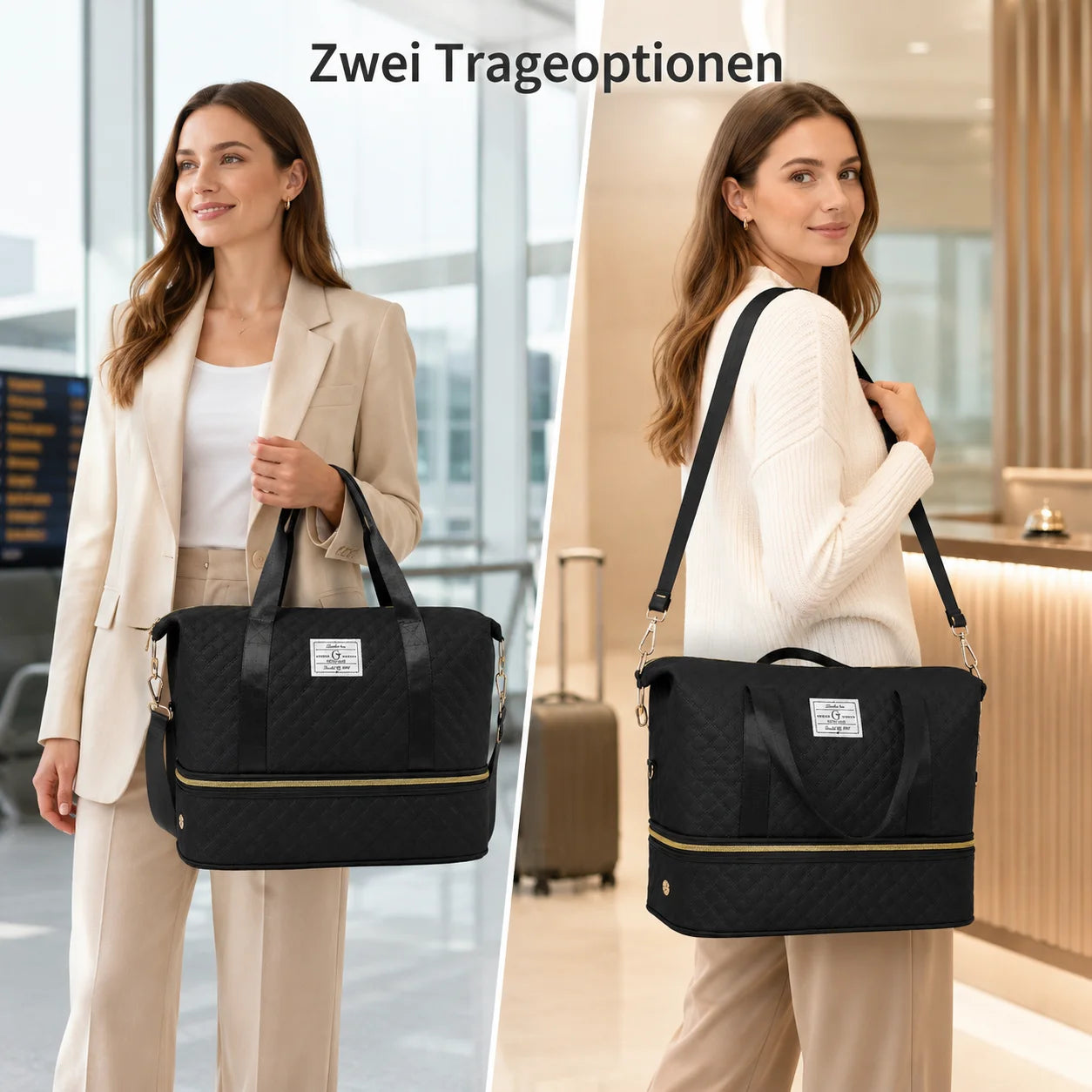 Large Quilted Travel Duffle Bag with Separate Bottom Compartment and Adjustable Shoulder Strap for Weekend and Gym
