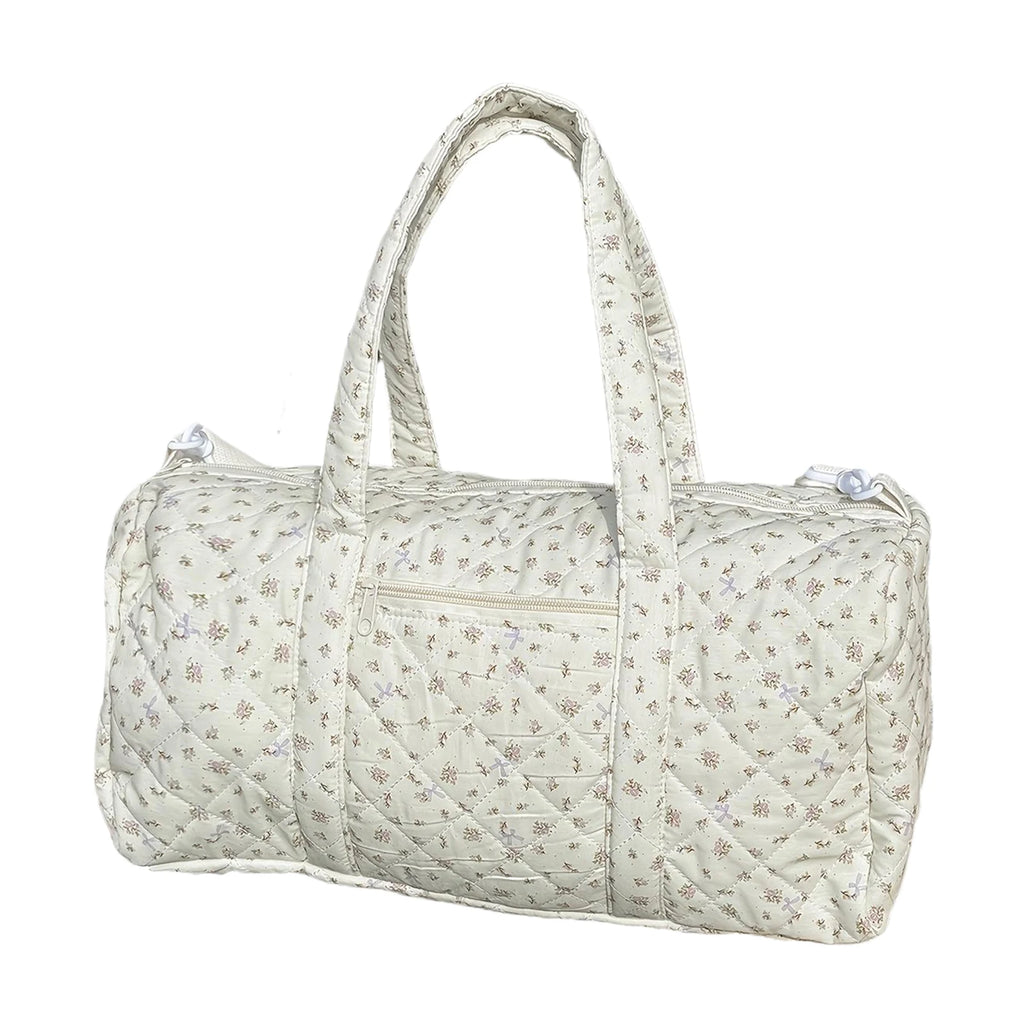 Cotton Quilted Duffle Bag with Zipper Travel Bag Floral Print Tote Bag for Women Weekend Travel Shopping