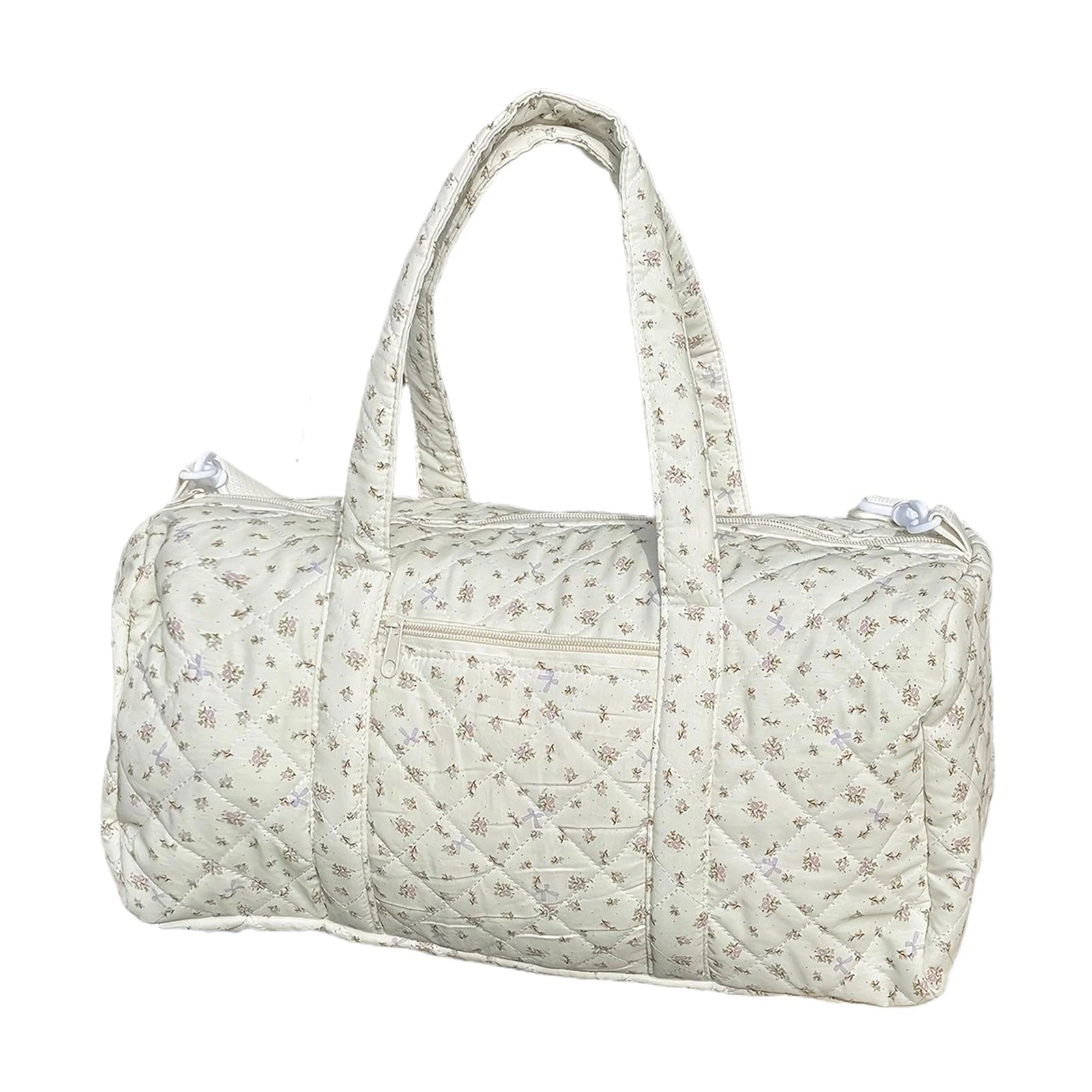 Cotton Quilted Duffle Bag with Zipper Travel Bag Floral Print Tote Bag for Women Weekend Travel Shopping