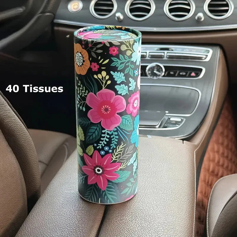 Floral Pattern Car Tissue Holder With Tissue Travel Cylinder Tissue Box For Car Cup Holder Suitable For Home Tables