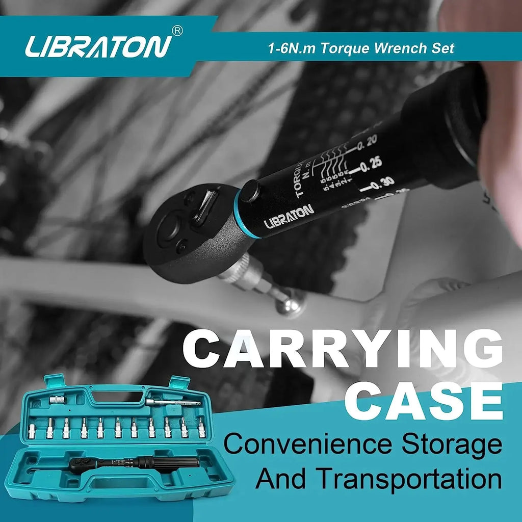 LIBRATON Bike Torque Wrench 1/4'', 1-6Nm, 0.05 Nm Micro, Torque Wrench Drive Click Torque Wrench Set Bicycle Maintenance Kit