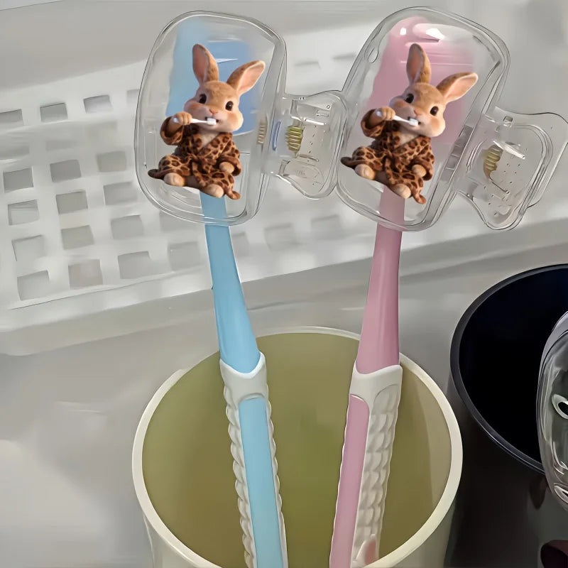 2pcs Rabbit Wearing Leopard Toothbrush Holder Clip Household Portable Travel Essential Toothbrush Cap Storage Box Holiday Gifts