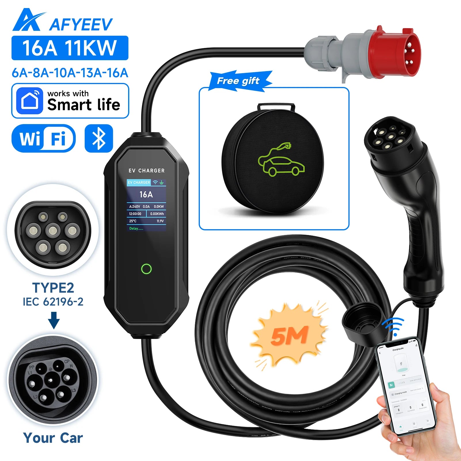 AFYEEV Type2 Portable EV Charger 11KW 16A 3 Phase GBT Electric Car Charger Wi-Fi APP Bluetooth Version Remote Control CEE Plug