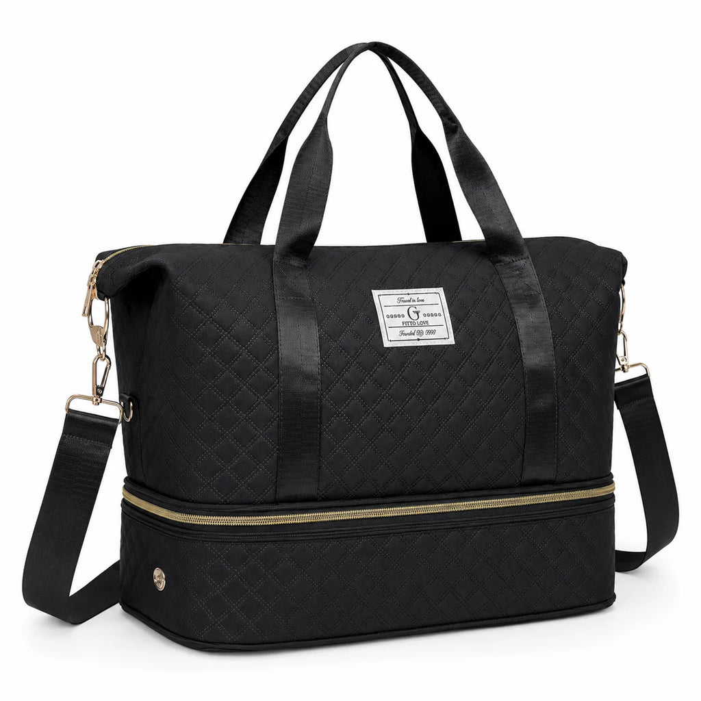 Large Quilted Travel Duffle Bag with Separate Bottom Compartment and Adjustable Shoulder Strap for Weekend and Gym