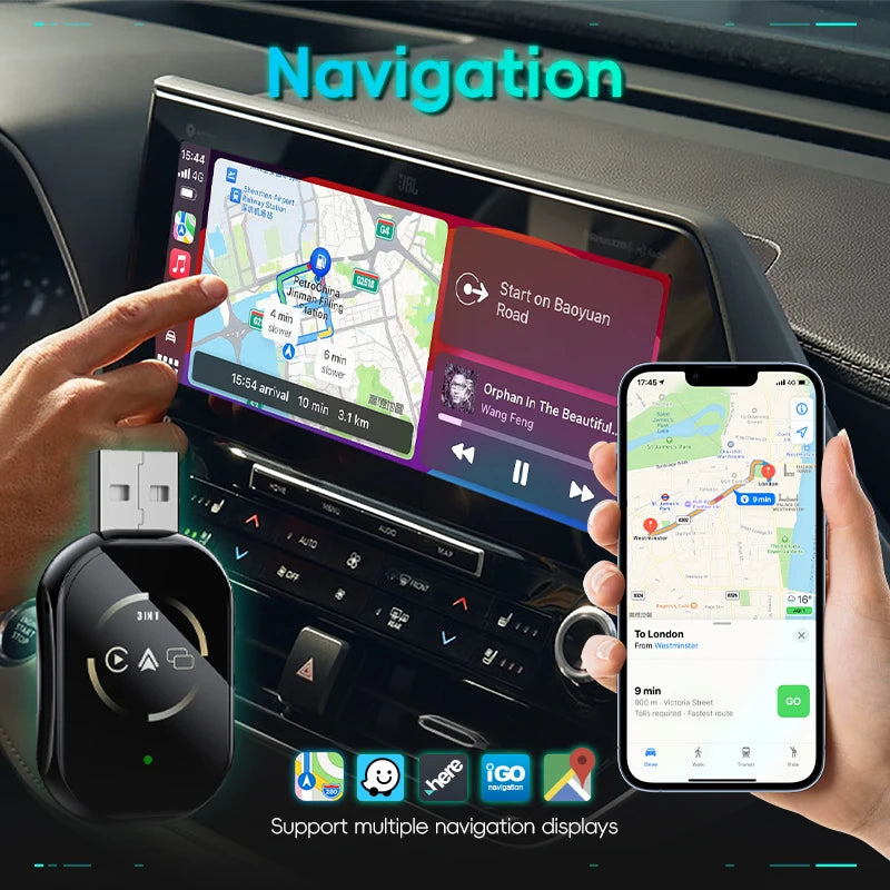 Latest upgraded 3-in-1 wireless Carplay/Android Auto/Mirror Link adapter Iphone , zero latency, car audio upgrade, minimalist design, phone screen mirroring, supports multi app screen mirroring, suitable for most models, supp