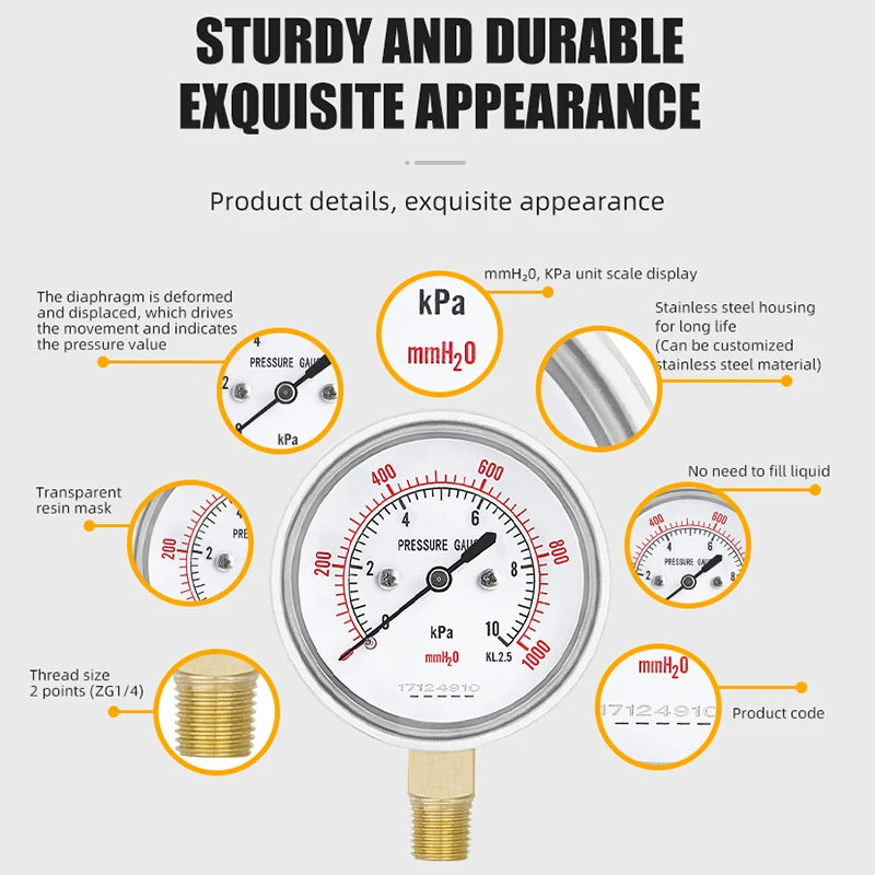 MAIRUIKESI Capsule Mirco Low Diaphram Pressure Gauges Manometer 2.5"  4 5 6 7 10 15 20kpa/mmH2o bottom for natural gas industry