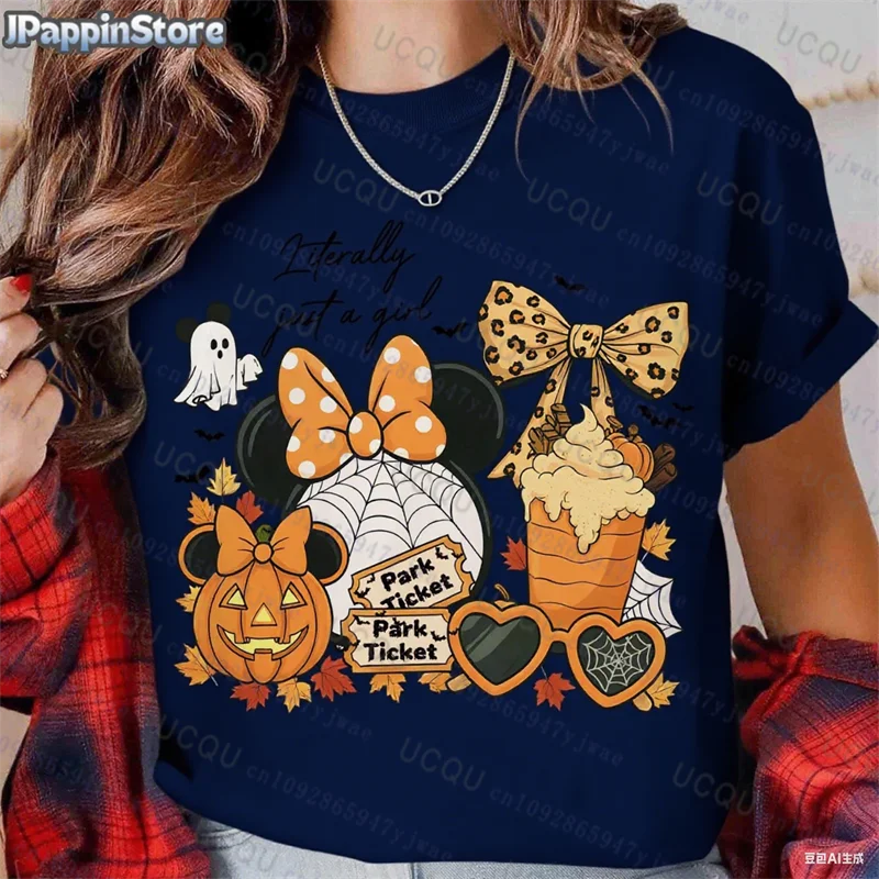 Pumpkin Mickey Halloween Short Sleeve Summer Sport Casual Women's Clothing Streetwear Classic Creative Pullover Y2K Streetwear