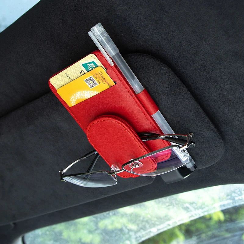 JFBONIN Leather Car Sun Visor Sunglasses Holder with Magnetic Clip Pen And Card Holder Creative Sunshade Storage Case