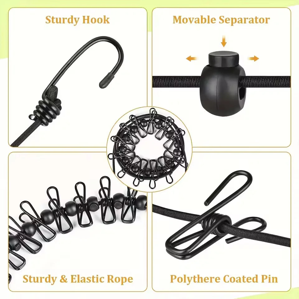 Portable Clothesline 180cm With 12 Clothespins Travel Stretchy Retractable Elastic Laundry Clothe Drying Outdoor Clothe Clips