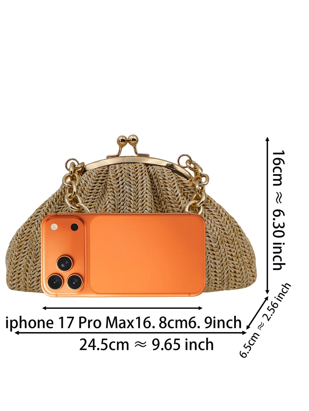 2026 new vacation straw women clutch, light brown herringbone textured pleated cloud bag shape. Rose gold bead metal frame buckl
