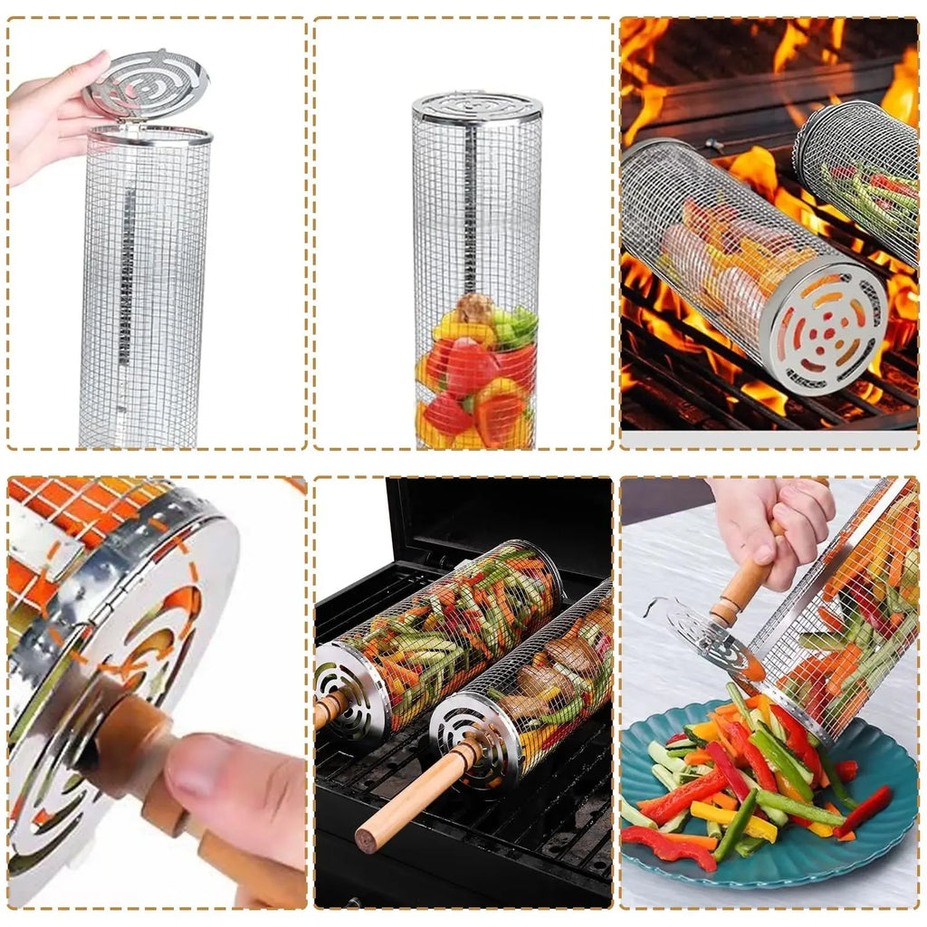BBQ Rolling Grill Basket with Turn Handle Stainless Steel Reversible Outdoor Barbecue Camping Picnic Fish Grill Tool BBQ Grill