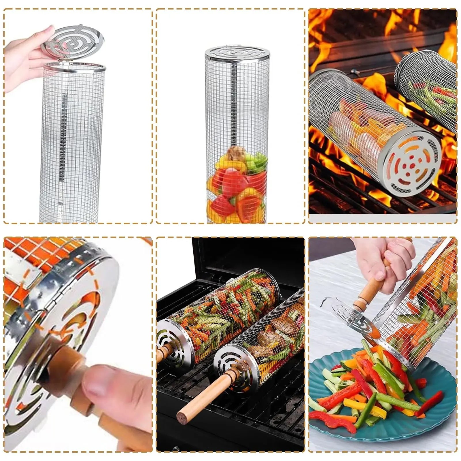 BBQ Rolling Grill Basket with Turn Handle Stainless Steel Reversible Outdoor Barbecue Camping Picnic Fish Grill Tool BBQ Grill