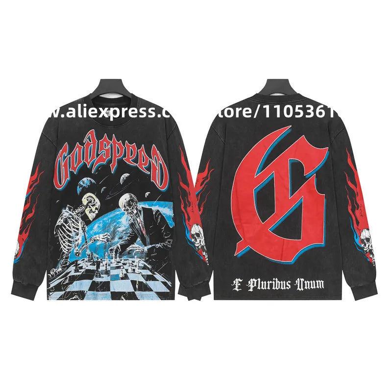 2026 Quality American Skeleton Pattern Printed Washed GODSPEED Long Sleeves T-shirt High Street Casual Cotton Round Neck Men Top