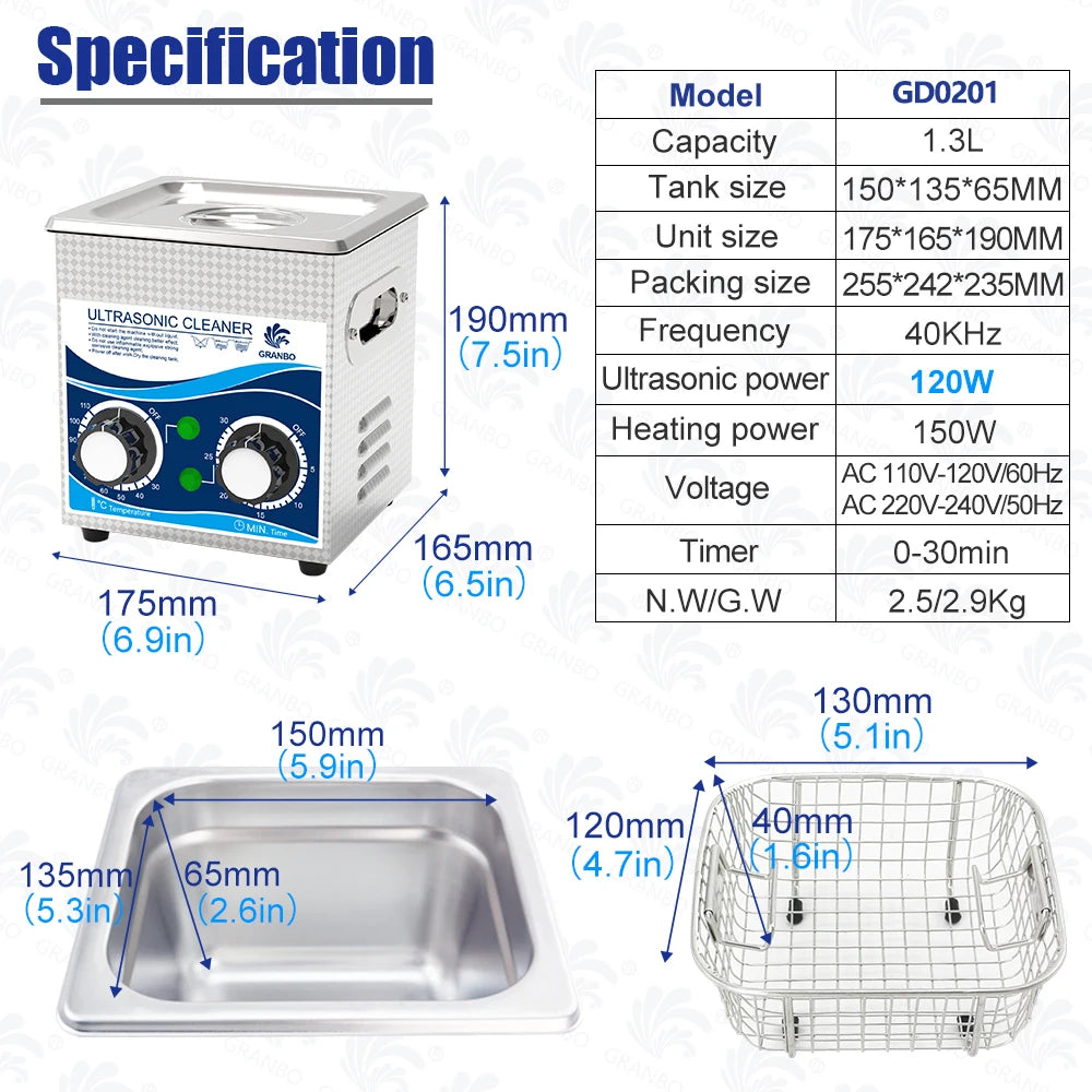 Granbosonic 1L 60W/120W Ultrasonic Cleaner Machine Stainless Steel With Heater Timer Jewelry Glasses for Home