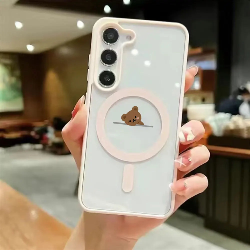 Cartoon Cute Bear Magnetic Wireless Charging Phone Case For Samsung Galaxy S26 S25 S24 S23 S22 Ultra Plus FE Soft Bumper Cover