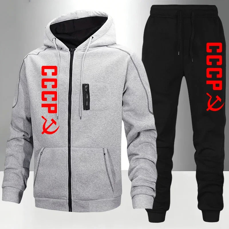 Men's Set/Coat/Pants CCCP Fashion Tracksuit Zipper Hooded Coat & Sweatpants Fall Winter Daily Casual Sports Jogger Sportswear
