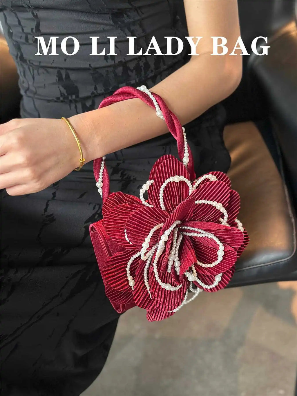 retro burgundy twist pearl cheongsam bag rose three-dimensional pink flower bag fairy bag diagonal straddle girl
