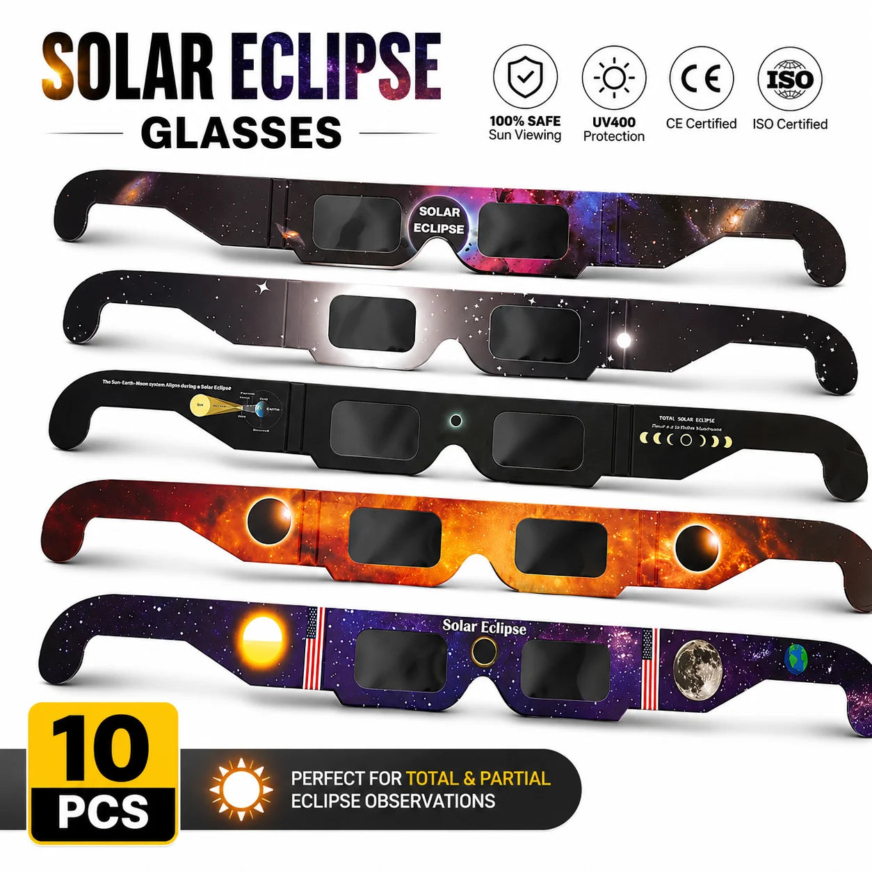 1/10/50Pcs Paper Solar Eclipse Glasses Safe for Direct Sun Viewing, CE & ISO Certified for Total & Partial Eclipse Observatios