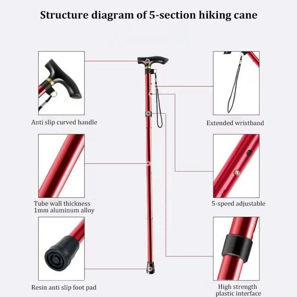 Lightweight Telescopic Trekking Stick Strengthen 5-Section Crutches Adjustable Portable Folding Canes for Adults Elderly People