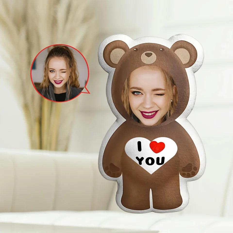 Customized Photo Bear Pillow Personalized 'I Love You' Facial Plush Ideal Gift for Loved Ones. Soft and Comfortable Short Plush