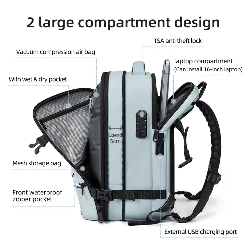 Travel casual Backpack 16 inch vacuum compression Laptop Backpack USB charging school Backpack Extended Hiking Business backpack