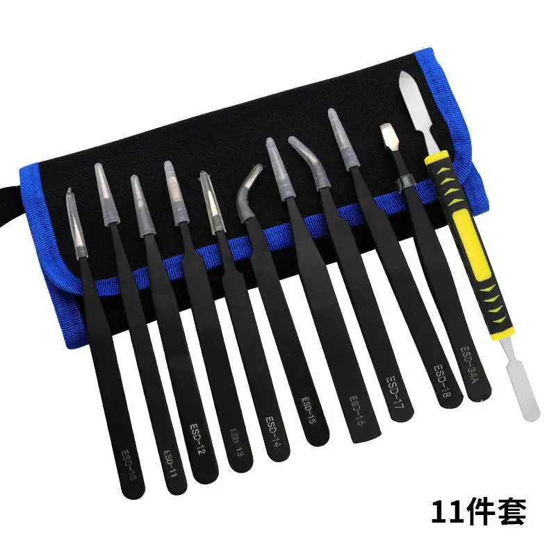 Industrial Grade ESD Anti-static Tweezers Set 1.5MM Precision Tip High Hardness Stainless Steel Tweezers Corrosion-Resistant