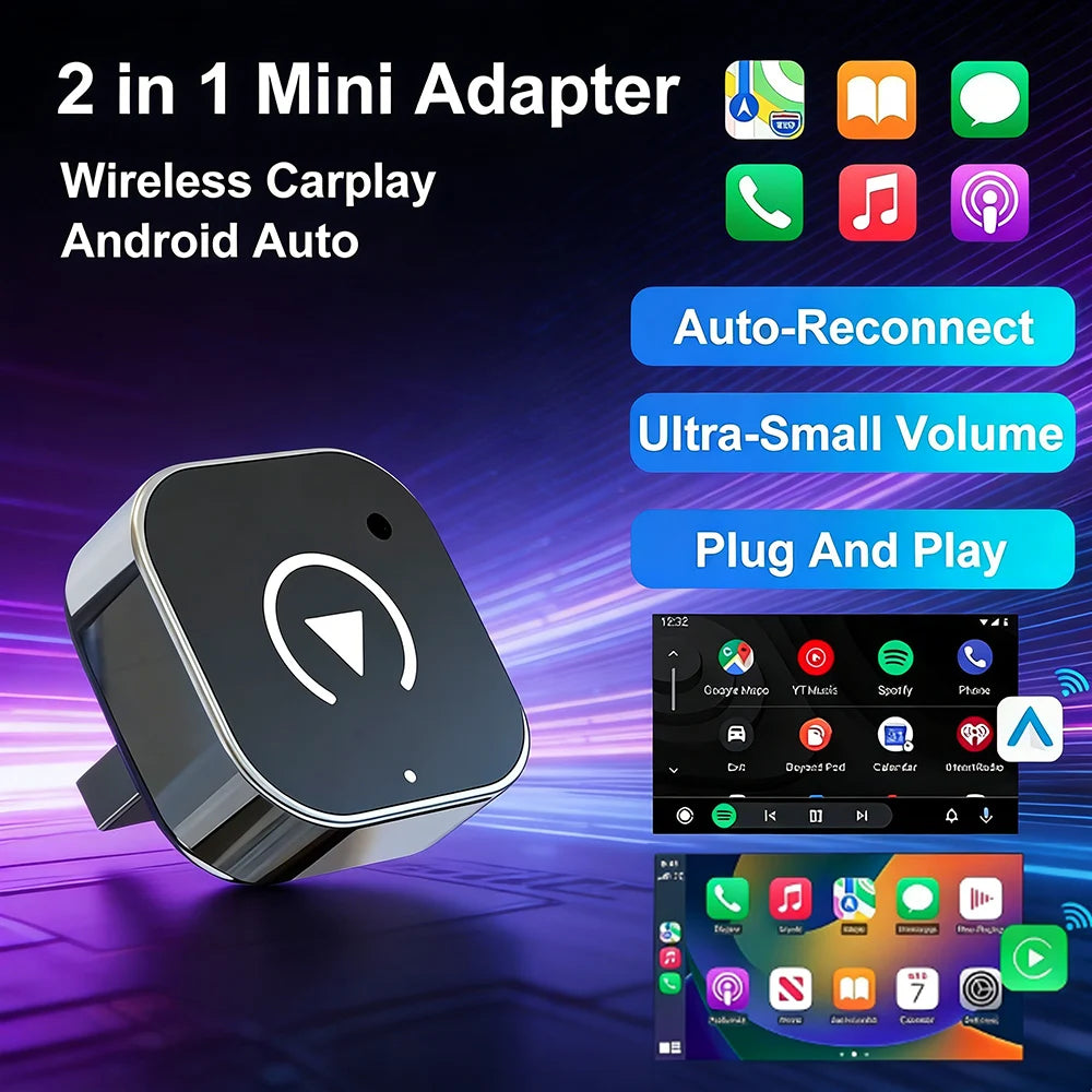 2026 Wireless CarPlay Adapter for iPhone ＆ Android Auto Mini Wired to Wireless Apple Car Play Adapter Plug & Play Compatible for