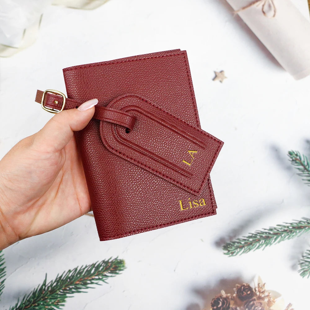 Customized letter pu leather anti-loss luggage tag + two-piece set for travel document and passport holders