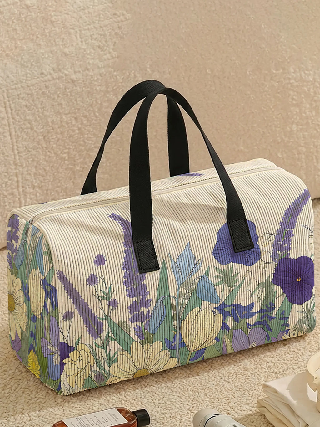 1pc, Two styles, Purple Wildflower Printed Corduroy Duffle Bag Portable Handbag suitable for Weekend Trip Sports Shopping