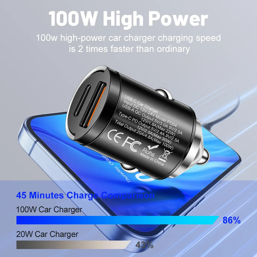 100W Mini Car Charger Dual Port PD Type C & QC USB A Fast Charging Adapter Flush Fit Stealth Pull Ring For 12V 24V Vehicles