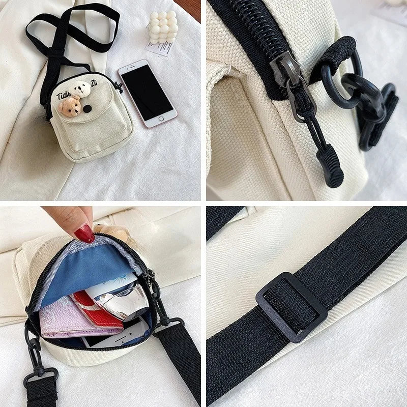 Solid Color Canvas Bag, Girls' Cartoon Teddy Bear Shoulder Bag, Students' Daily Crossbody Bag