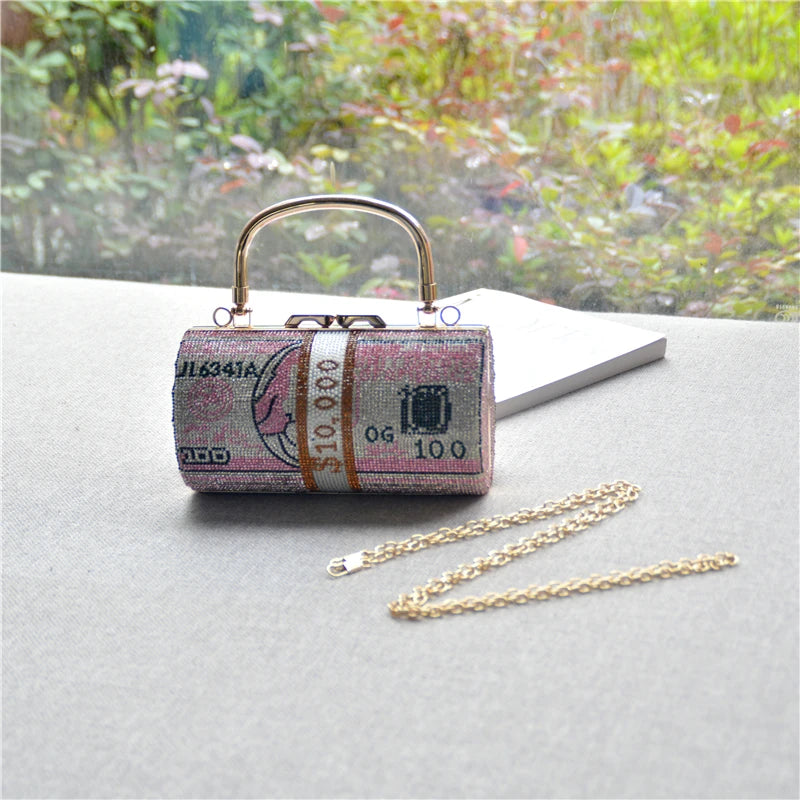 Luxury Money Clutch Rhinestone Purse 10000 Dollars Stack of Cash Evening Handbags Shoulder Wedding Dinner Bag Wallet