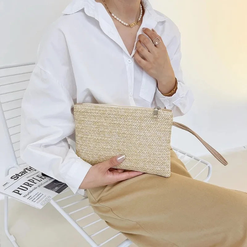 Elegant Boho Straw Clutch Bag, Solid Color Woven Beach Purse, Portable Summer Handbag for Women Vacation & Daily Matching