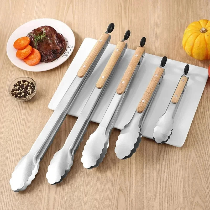 1Pcs Stainless Steel Food Tongs Heavy Duty Kitchen Tongs with Wooden Handle for Cooking Grilling BBQ 9-16 Inch Length