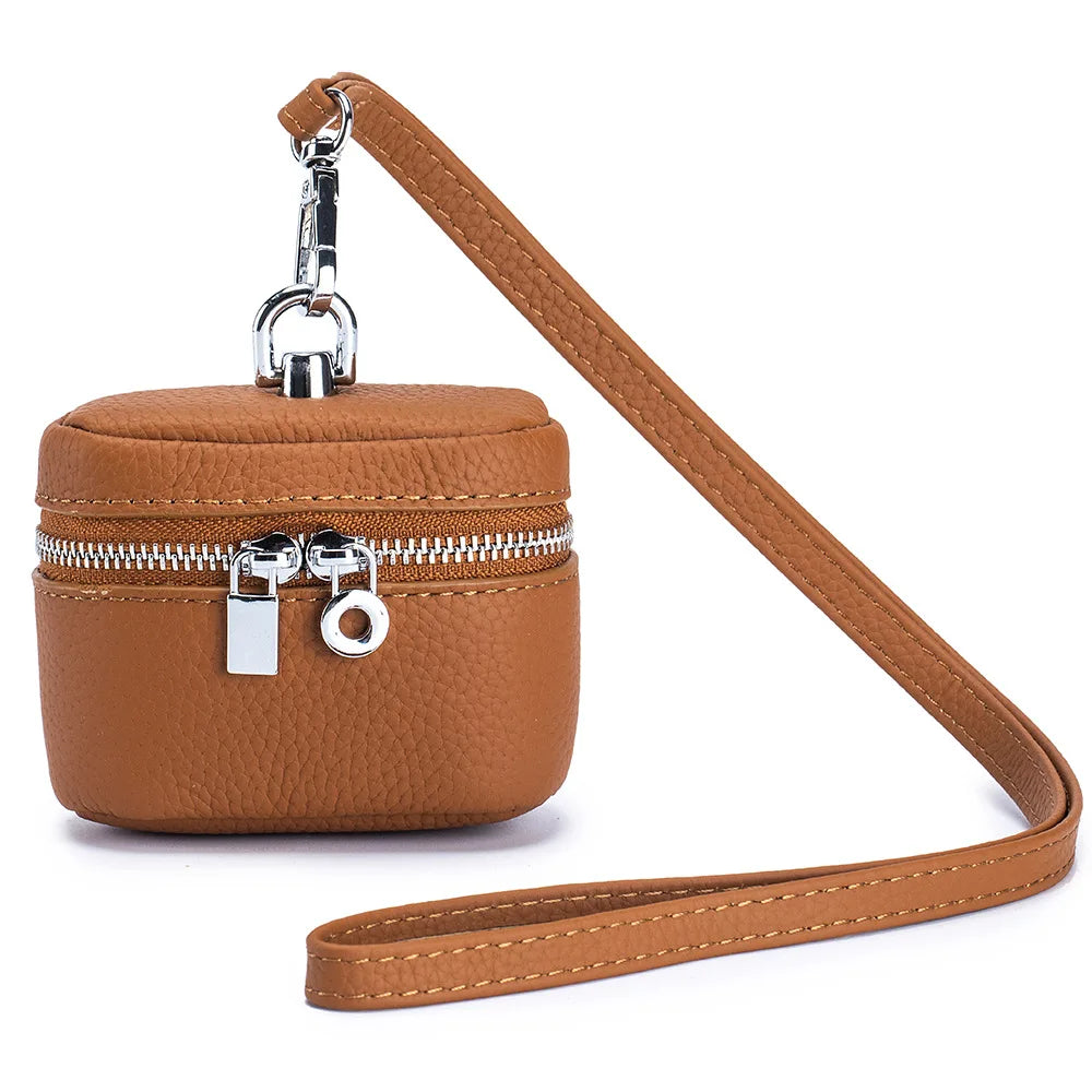 Top-Grain Leather Mini Coin Purse Ins Style - Portable Neck-Hanging Lipstick Makeup Bag & Real Leather Earphone Pouch for Wome
