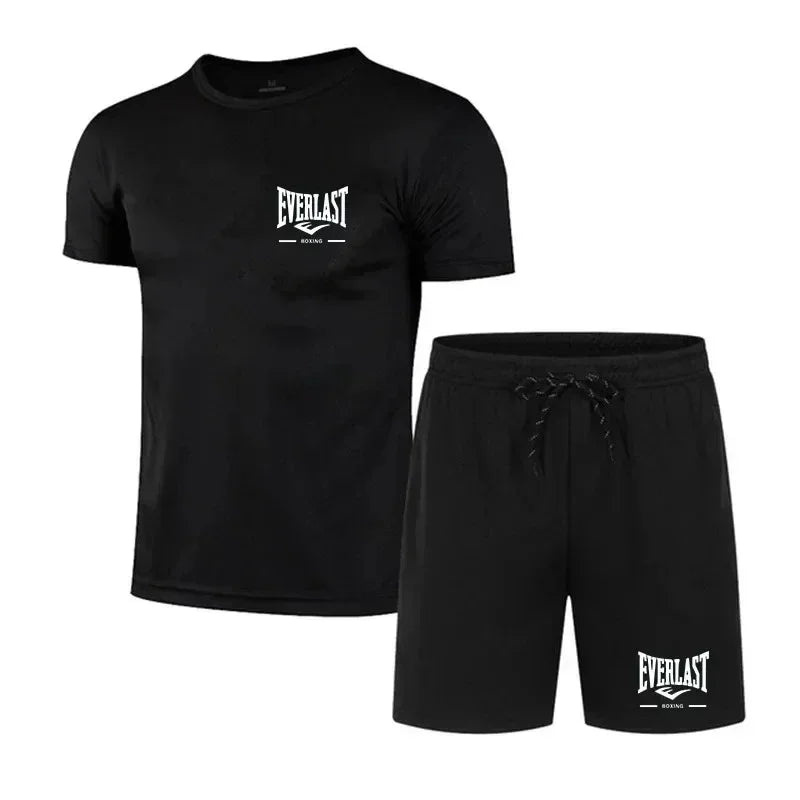 Moisture wicking men 2-piece outfit, stretch fabric allows free movement for fitness training, running and outdoor activities